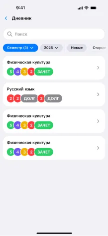 Электронный дневник с оценками и статусами задолженностей